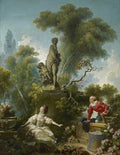 Quadro decorativo 'O Balanço' de Jean Honoré Fragonard, mostrando uma mulher em um balanço em um jardim, com um homem escondido e uma estátua de cupido. Cores vibrantes e atmosfera romântica.