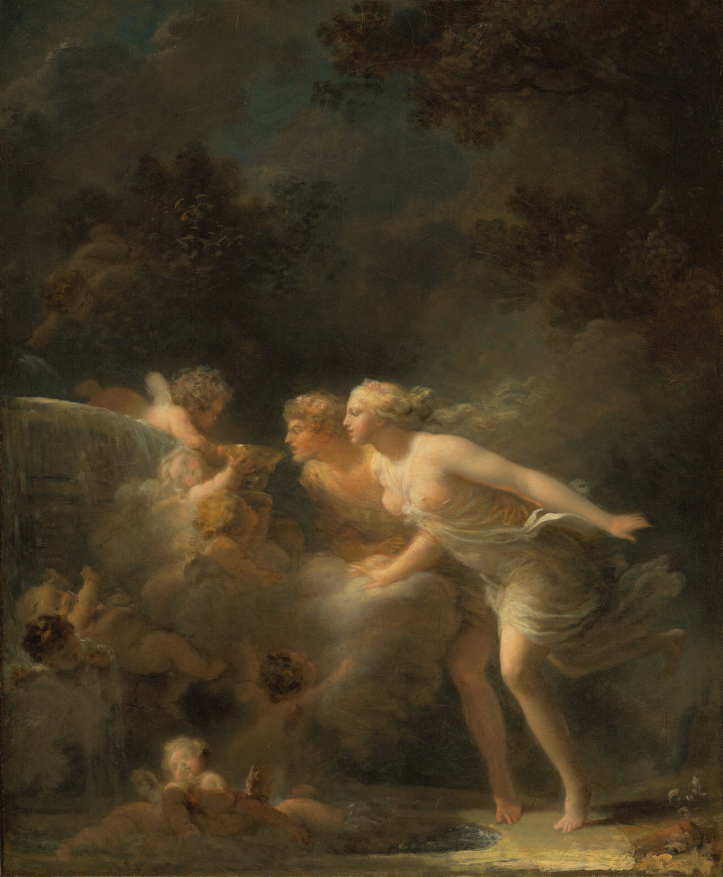Pintura rococó de Jean-Honoré Fragonard, 'A Fonte do Amor', mostrando figuras mitológicas nuas e querubins em torno de uma fonte, com iluminação dramática e tons escuros no fundo.