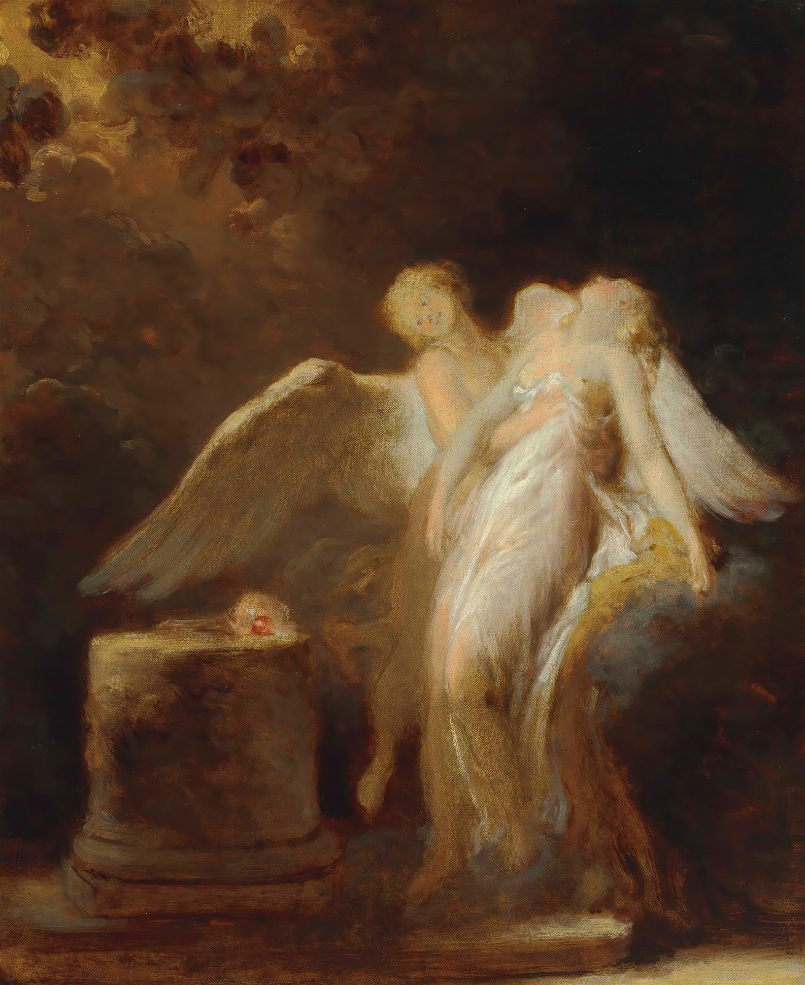 Pintura a óleo de Jean Honoré Fragonard, 'A Morte de Adônis', mostrando dois anjos com asas brancas, um segurando Adônis, que está pálido e ferido, em uma cena dramática com nuvens escuras e douradas ao fundo. Um pedestal de pedra está à esquerda com um detalhe vermelho no topo.
