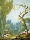 Pintura rococó de Jean Honoré Fragonard intitulada 'A Festa no Parque', mostrando pessoas em um ambiente natural exuberante, com árvores altas e um rio ao fundo. Grupos de pessoas interagem em um dia de sol, algumas sentadas e outras em movimento, com uma sensação de alegria e leveza.