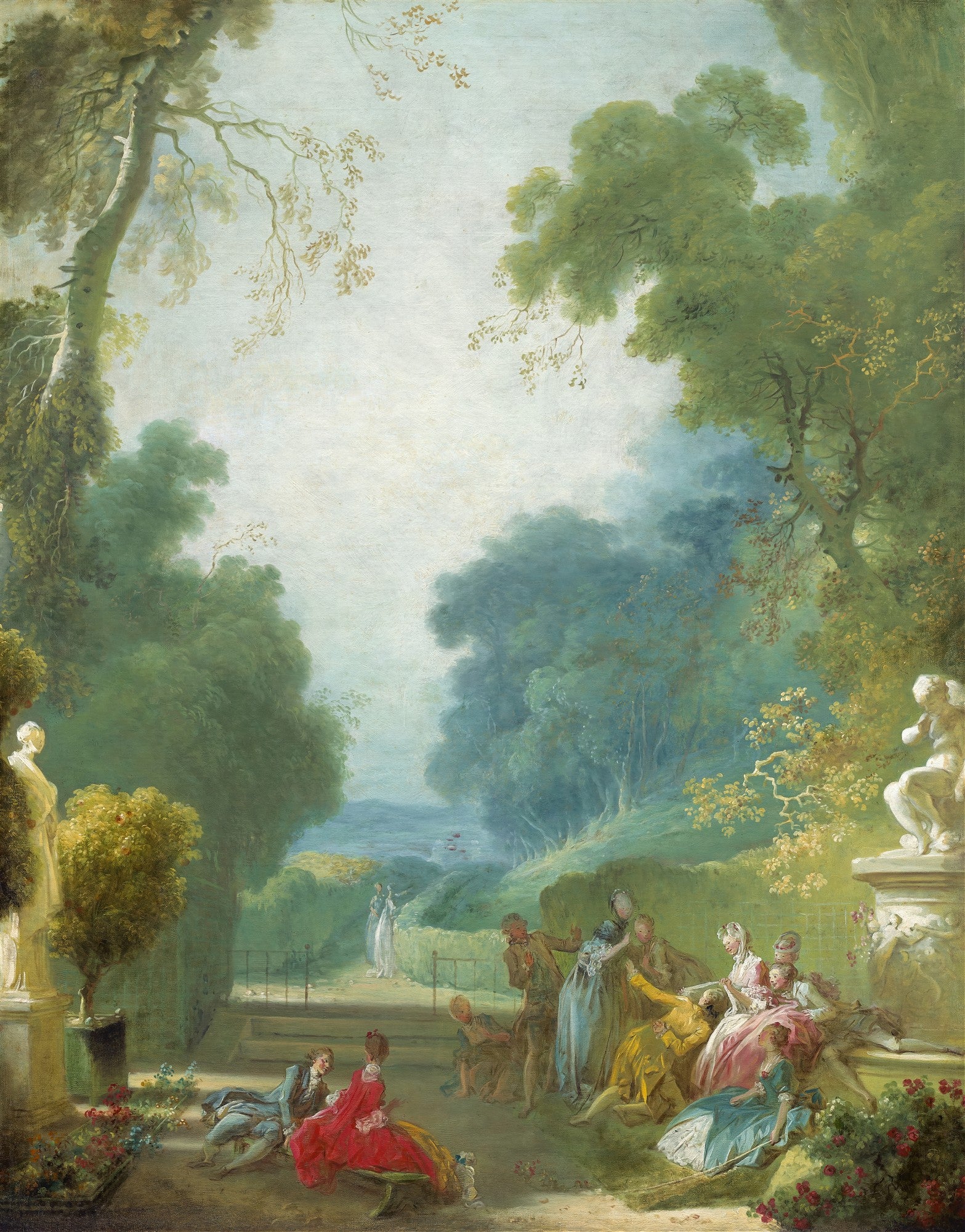 Pintura rococó de Jean Honoré Fragonard, 'A Festa de St. Cloud', retratando um grupo de homens e mulheres elegantemente vestidos em um jardim exuberante, com árvores altas e um céu claro, em tons pastel e iluminação suave.