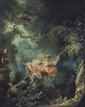 Quadro decorativo "O Balanço" de Jean-Honoré Fragonard, retratando uma mulher em um balanço em um jardim exuberante, com um homem observando abaixo e outro a balançando. Cores pastéis e detalhes ricos.