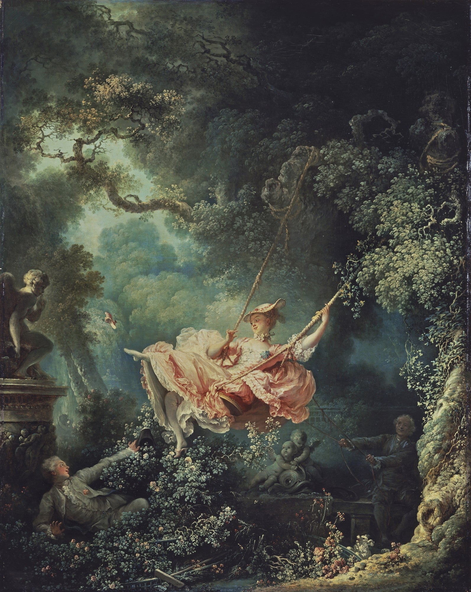 Quadro decorativo "O Balanço" de Jean-Honoré Fragonard, retratando uma mulher em um balanço em um jardim exuberante, com um homem observando abaixo e outro a balançando. Cores pastéis e detalhes ricos.