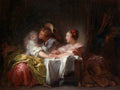 Quadro decorativo 'O Concerto' de Jean Honoré Fragonard, retratando três figuras em um ambiente íntimo e escuro, com um homem flertando com duas mulheres, uma delas tocando um instrumento musical. As cores são suaves e os gestos são delicados, evocando uma cena romântica e cheia de segredos.