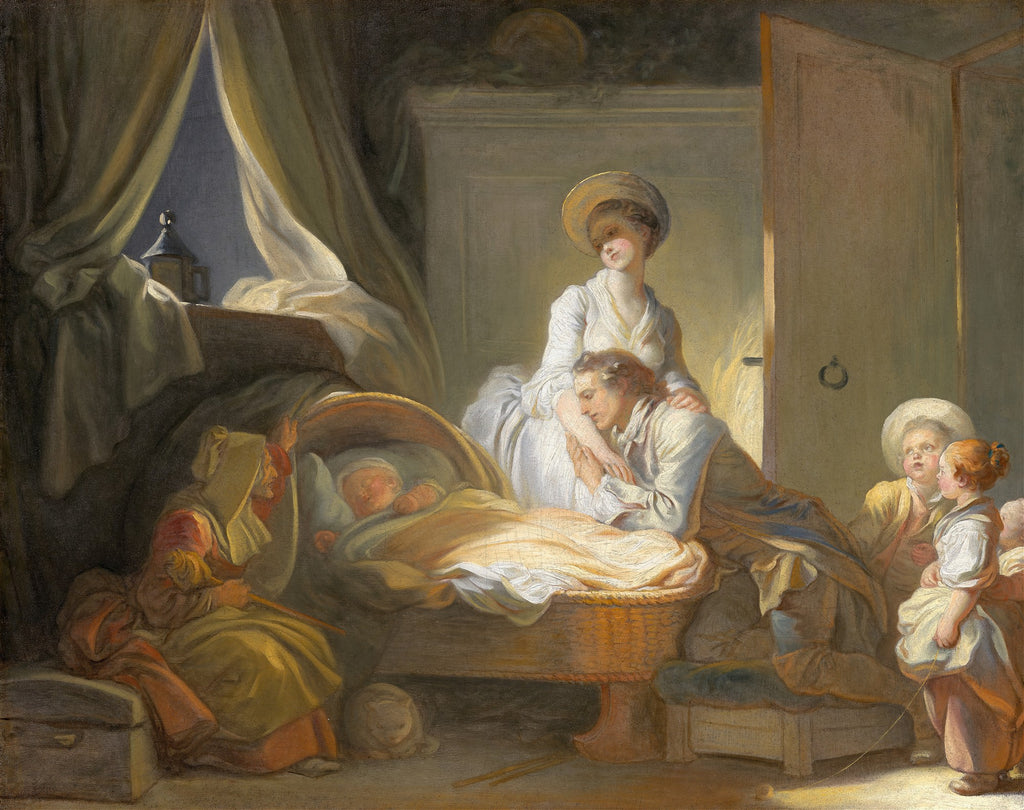Pintura rococó de Jean-Honoré Fragonard, 'A Visita ao Bebê', mostrando uma família em torno de um berço, com uma luz suave iluminando a cena e expressões de carinho. Cores quentes e pastéis dominam a composição.