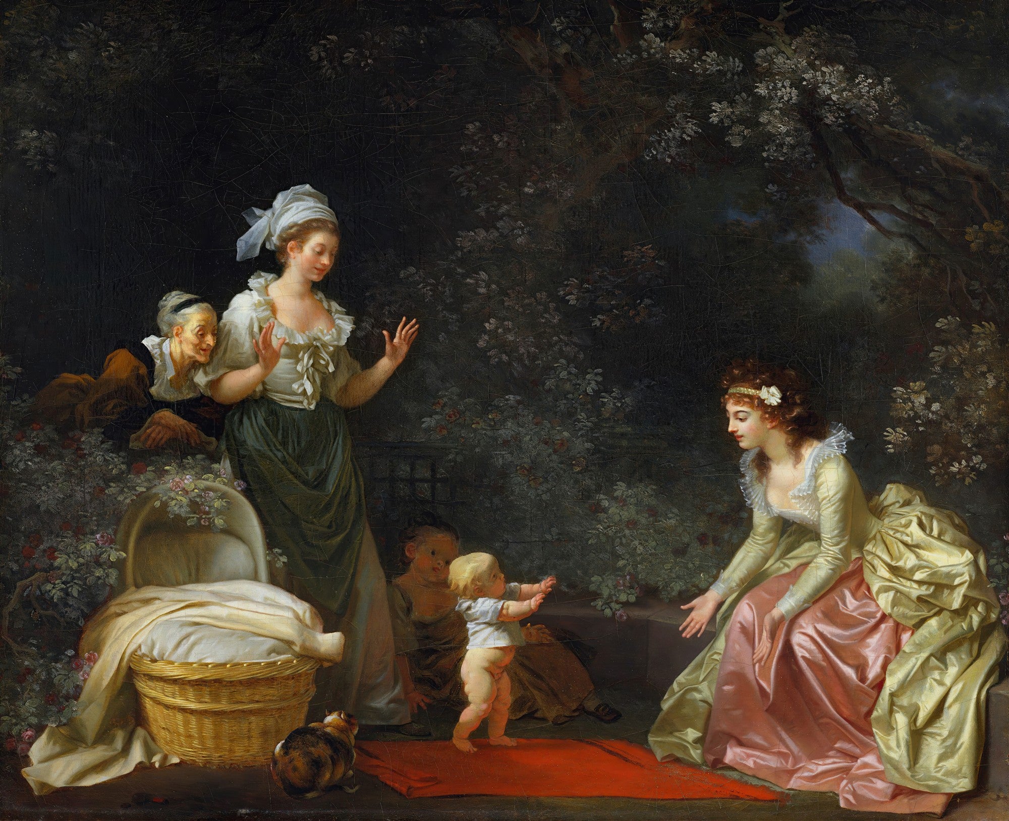 Quadro decorativo com pintura a óleo de Jean Honoré Fragonard, 'A Primeira Caminhada'. Mostra um bebê dando os primeiros passos em direção a uma mulher, com outras figuras observando em um jardim.
