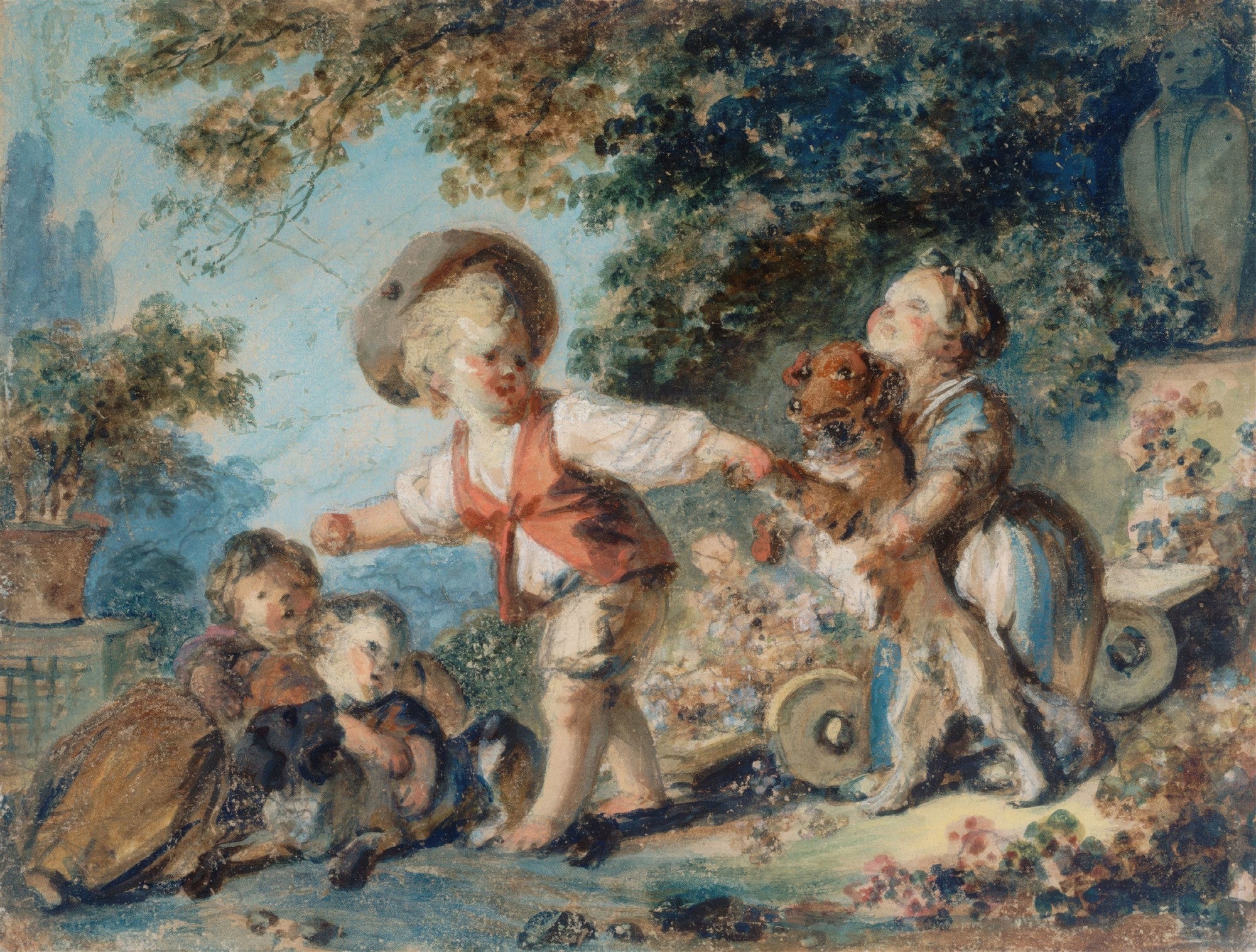Pintura rococó mostrando crianças brincando com cachorros em um jardim. Uma menina abraça um cão marrom, enquanto um menino loiro de chapéu se inclina para outros dois cachorros próximos a mais duas crianças sentadas. A paisagem é verde e azul, com folhagens e um céu claro.