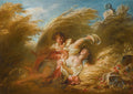 Quadro decorativo 'A Colheita' de Jean Honoré Fragonard, apresentando um casal jovem em meio a fardos de trigo dourado sob um céu azul claro, em estilo Rococó.