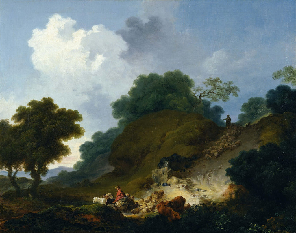 Quadro decorativo mostrando uma paisagem campestre com um pastor guiando um rebanho de ovelhas por uma colina arborizada, sob um céu com nuvens volumosas. A luz do entardecer ilumina a cena, realçando a vegetação e o movimento dos animais.