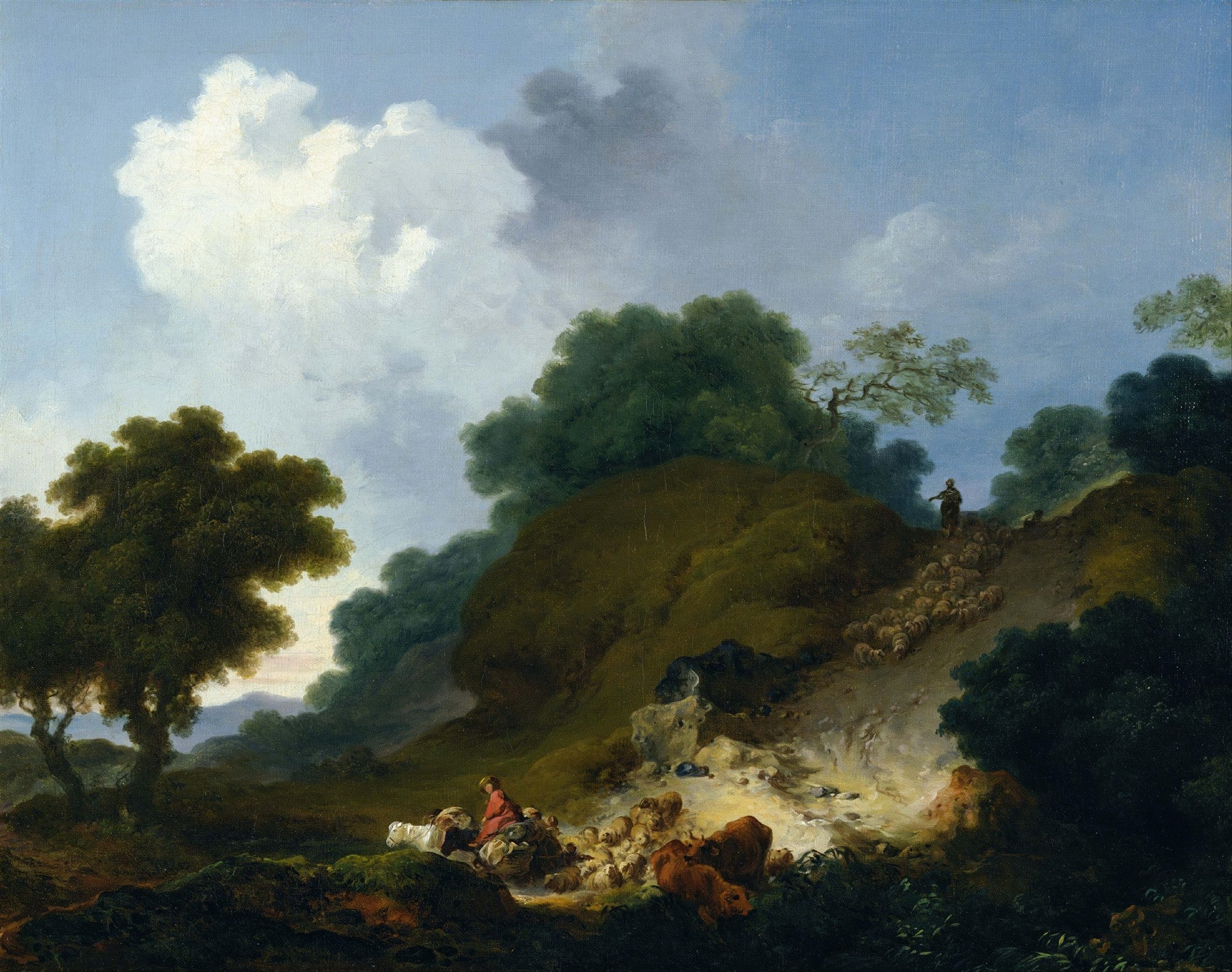 Quadro decorativo mostrando uma paisagem campestre com um pastor guiando um rebanho de ovelhas por uma colina arborizada, sob um céu com nuvens volumosas. A luz do entardecer ilumina a cena, realçando a vegetação e o movimento dos animais.