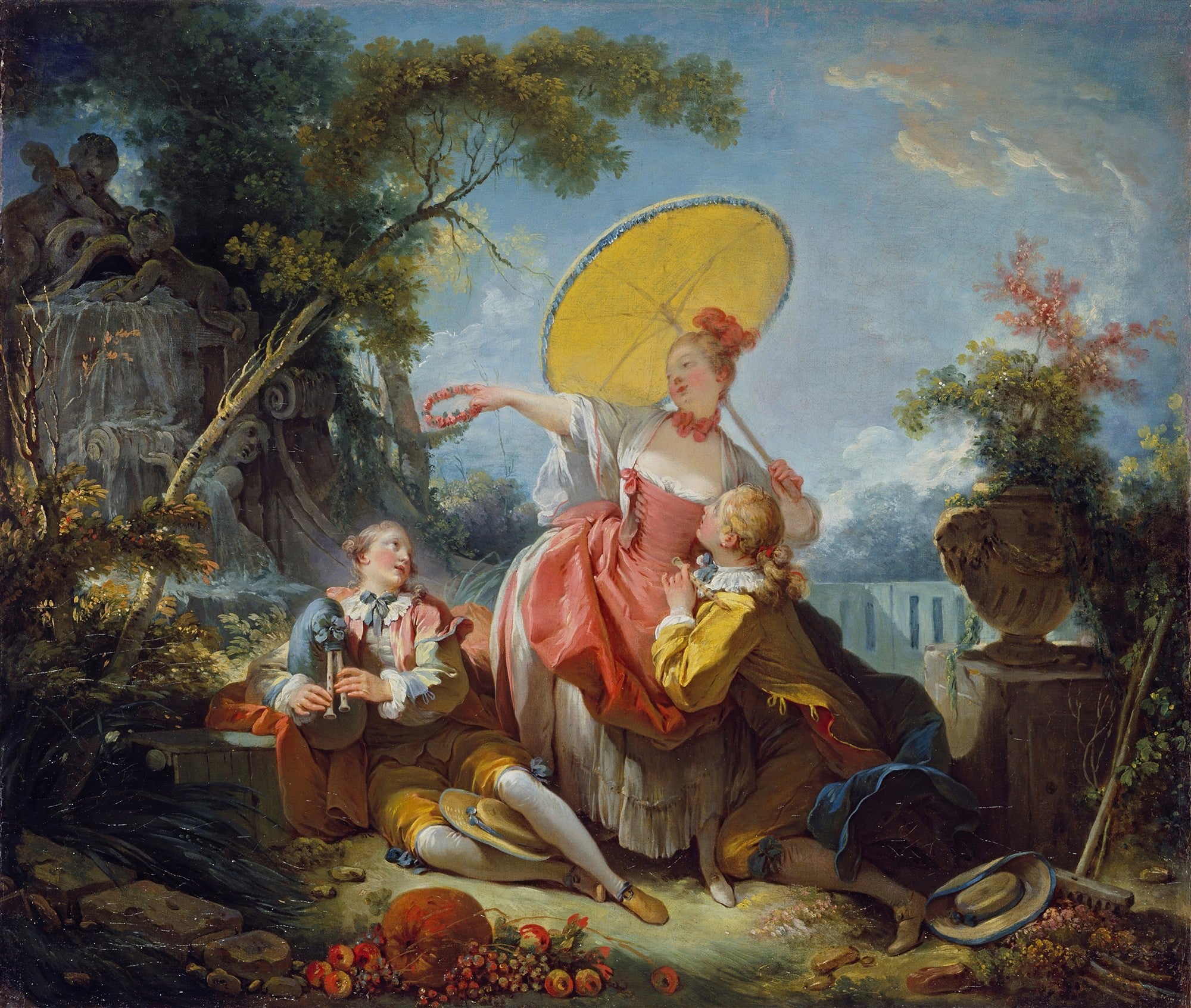 Quadro decorativo "A Coroacao do Amante" de Jean Honoré Fragonard, mostrando figuras elegantes em um jardim rococó, com uma mulher coroando um homem com uma guirlanda.
