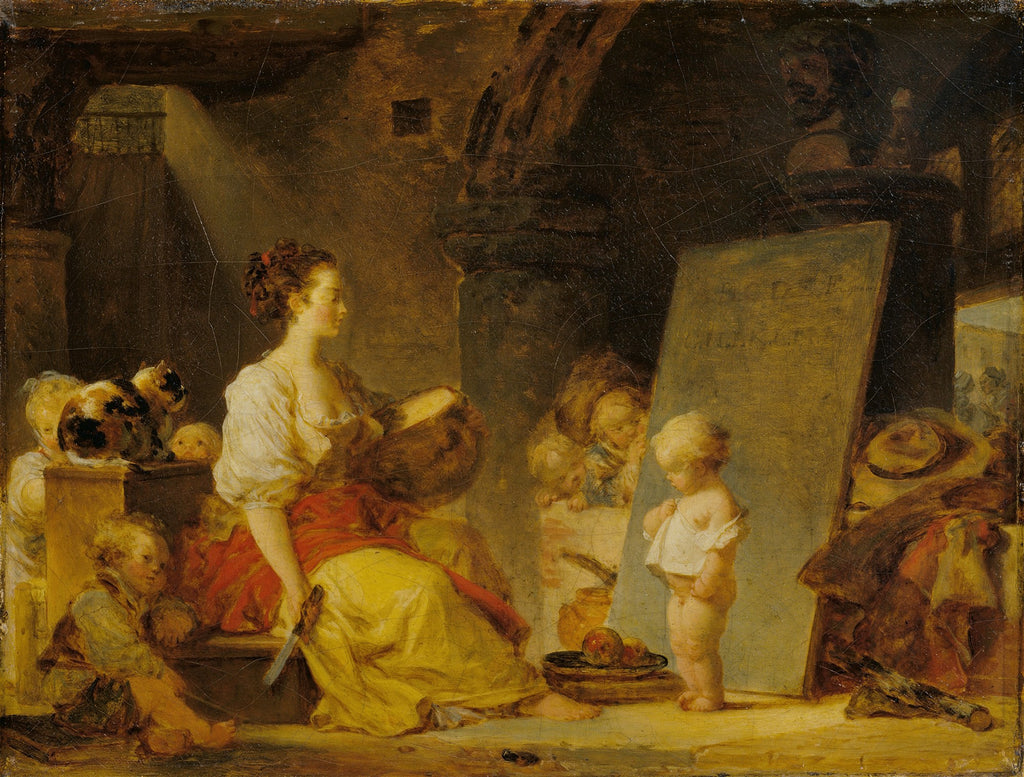 Quadro decorativo 'A Escola' de Jean Honoré Fragonard, mostrando uma mulher ensinando crianças em uma cena doméstica, com um gato e luz suave.