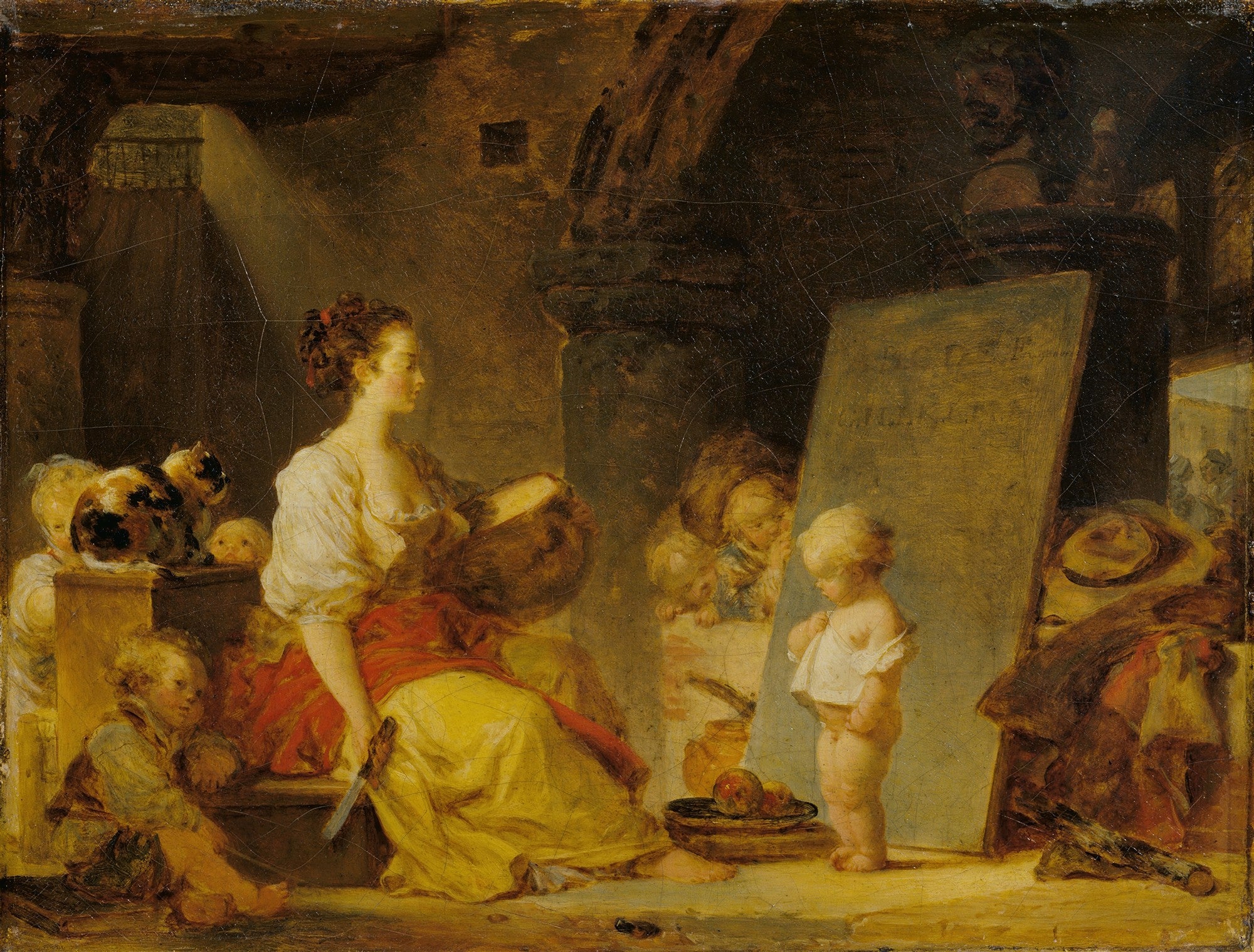 Quadro decorativo 'A Escola' de Jean Honoré Fragonard, mostrando uma mulher ensinando crianças em uma cena doméstica, com um gato e luz suave.