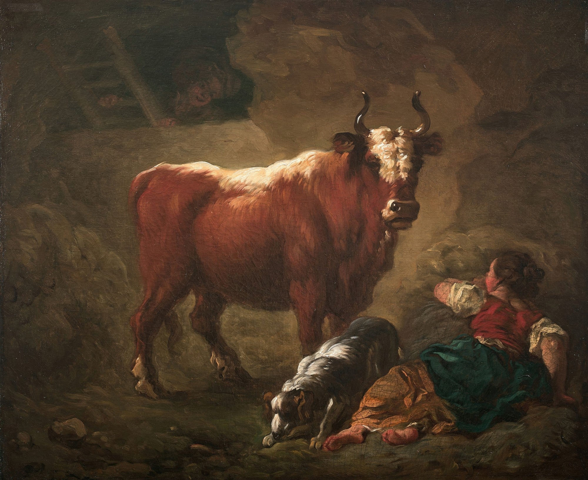 Quadro a óleo de Jean-Honoré Fragonard, 'O Touro', retratando um touro grande e ruivo com chifres, um cão deitado e uma pessoa sentada de costas, em um ambiente rural e escuro com luz dramática.