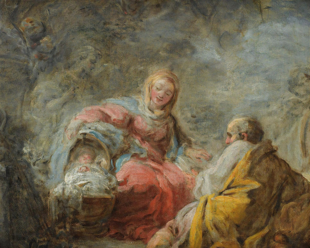 Pintura de Jean Honoré Fragonard, 'A Adoração dos Pastores', mostrando Maria, José e o menino Jesus em um berço, com iluminação suave e tons quentes, representando uma cena religiosa íntima.
