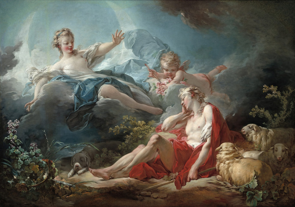 Pintura de Jean Honoré Fragonard, "Aurora e Céfalo", com a deusa Aurora em nuvens estendendo a mão para Céfalo adormecido, cercado por cupidos, ovelhas e um cão.