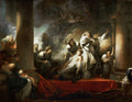 Uma pintura dramática de Jean-Honoré Fragonard, 'A Invocação', mostrando figuras em um ritual místico sob uma luz intensa, com nuvens e figuras celestiais ao fundo. Predominam tons de cinza, marrom e ocre, com toques de vermelho.