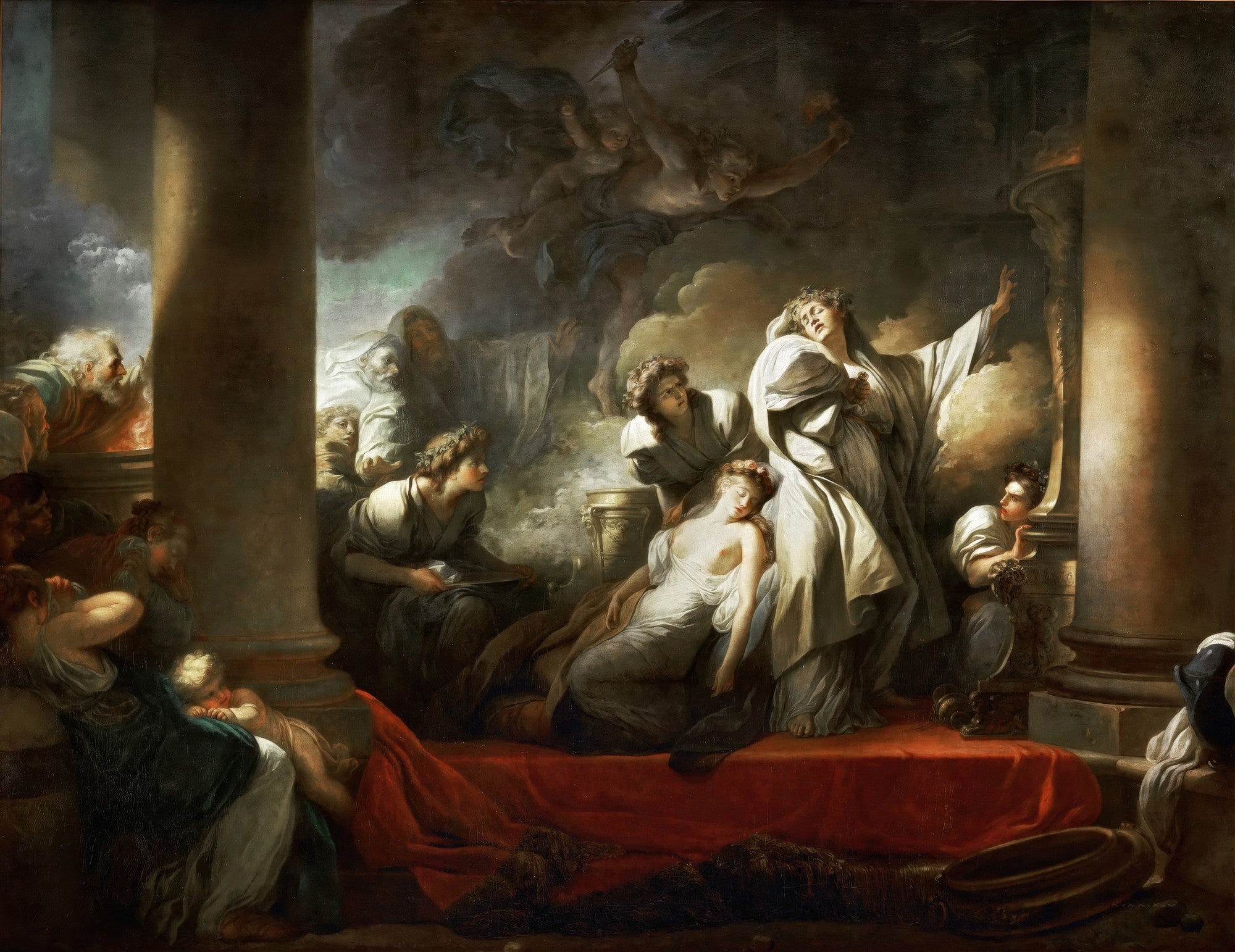Uma pintura dramática de Jean-Honoré Fragonard, 'A Invocação', mostrando figuras em um ritual místico sob uma luz intensa, com nuvens e figuras celestiais ao fundo. Predominam tons de cinza, marrom e ocre, com toques de vermelho.