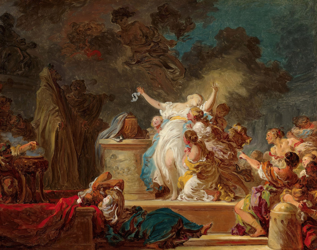 Pintura a óleo de Jean Honoré Fragonard, 'O Sacrifício de Calirroe', retratando uma cena mitológica dramática com figuras em movimento, luz divina e tonalidades quentes e escuras.
