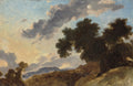 Pintura a óleo de uma paisagem ao entardecer com céu azul e alaranjado, nuvens escuras e árvores densas em primeiro plano, montanhas ao fundo.