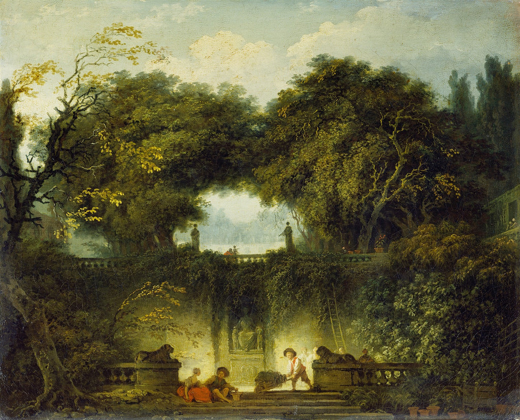 Pintura a óleo de Jean-Honoré Fragonard, 'A Esgrima', mostrando figuras em um jardim exuberante com árvores frondosas, esculturas e luz suave.