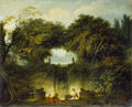 Pintura a óleo de Jean-Honoré Fragonard, 'A Esgrima', mostrando figuras em um jardim exuberante com árvores frondosas, esculturas e luz suave.