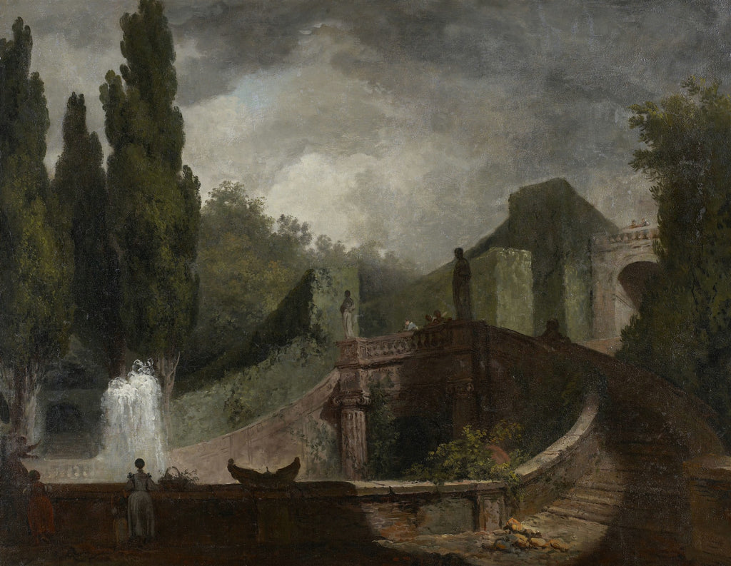 Quadro decorativo 'A Fonte' de Jean Honoré Fragonard, mostrando um jardim rococó com uma fonte borbulhante, esculturas e folhagens densas sob um céu nublado.