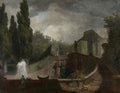 Quadro decorativo 'A Fonte' de Jean Honoré Fragonard, mostrando um jardim rococó com uma fonte borbulhante, esculturas e folhagens densas sob um céu nublado.