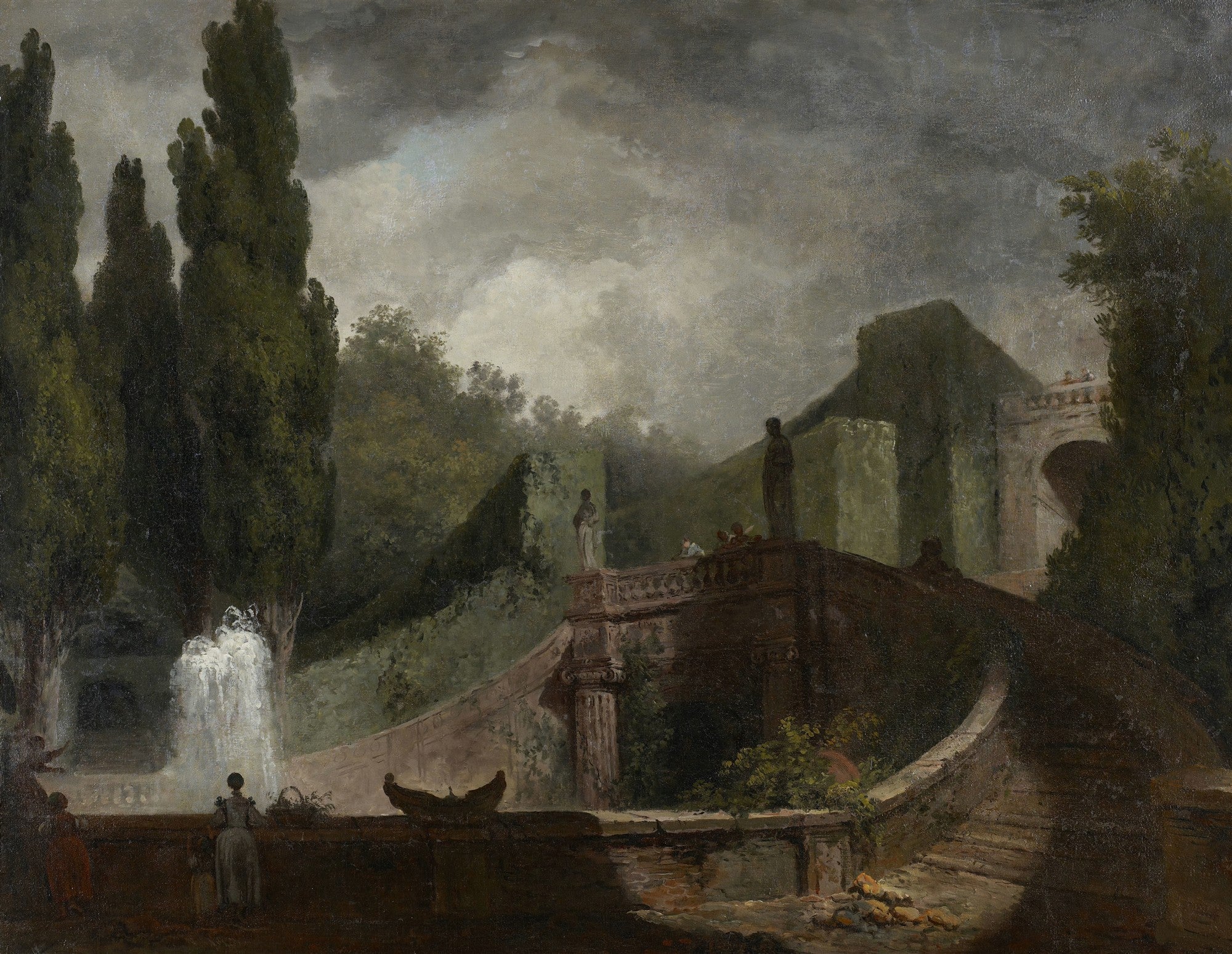 Quadro decorativo 'A Fonte' de Jean Honoré Fragonard, mostrando um jardim rococó com uma fonte borbulhante, esculturas e folhagens densas sob um céu nublado.