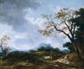 Pintura a óleo de uma paisagem bucólica com pastores, um rebanho de ovelhas e gado sob um céu nublado, com árvores frondosas e montanhas ao fundo. Atribuída a Fragonard.
