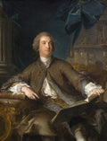 Retrato de um jovem nobre do século XVIII, sentado, com vestes de época marrons e brancas, lendo um livro. Ao fundo, cortinas azuis e instrumentos científicos.
