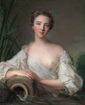 Retrato de uma jovem mulher de pele clara, com cabelos castanhos cacheados e lábios rosados, vestindo uma túnica branca que deixa um ombro à mostra, apoiada em uma ânfora em um cenário aquático com plantas verdes ao fundo, atribuído a Jean-Marc Nattier.