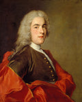 Retrato de um homem do século XVIII, possivelmente um nobre, com peruca branca empoada, casaco escuro e uma capa vermelha vibrante sobre um fundo neutro. Atribuído a Jean-Marc Nattier.