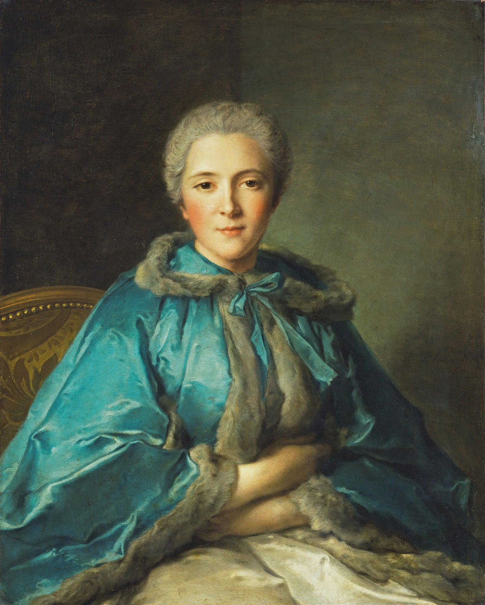 Retrato de uma dama com cabelos grisalhos, vestindo um manto azul-turquesa adornado com pele, atribuído a Jean-Marc Nattier.