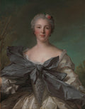 Retrato de uma dama com laço de cetim cinza em um vestido creme, flores no cabelo e fundo verde escuro. Obra de Jean-Marc Nattier.