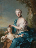 Pintura a óleo de Jean Marc Nattier retratando uma mulher jovem com uma criança, ambas adornadas com flores, em um cenário natural. A mulher veste um drapeado azul e um corpete rosa, enquanto a criança segura flores azuis e tem uma coroa de flores na cabeça. A cena é suave e elegante, com tons pastéis e luz difusa.