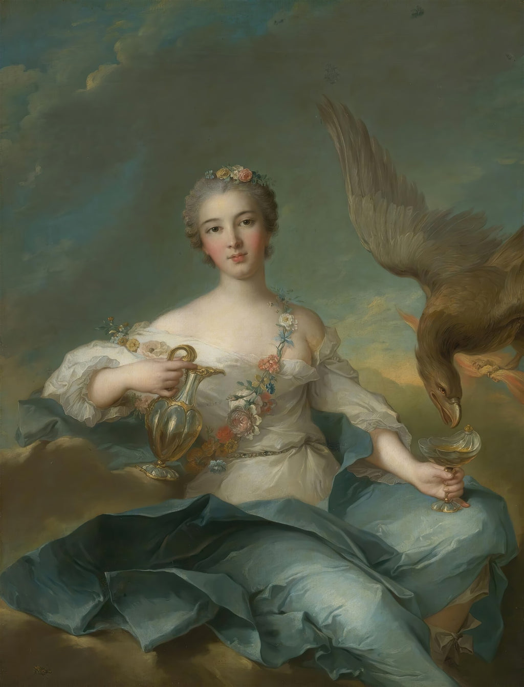 Retrato de Hebe, a deusa da juventude, flutuando em nuvens com uma túnica branca e azul, oferecendo néctar a uma águia majestosa. Obra de Jean-Marc Nattier, século XVIII, estilo rococó.