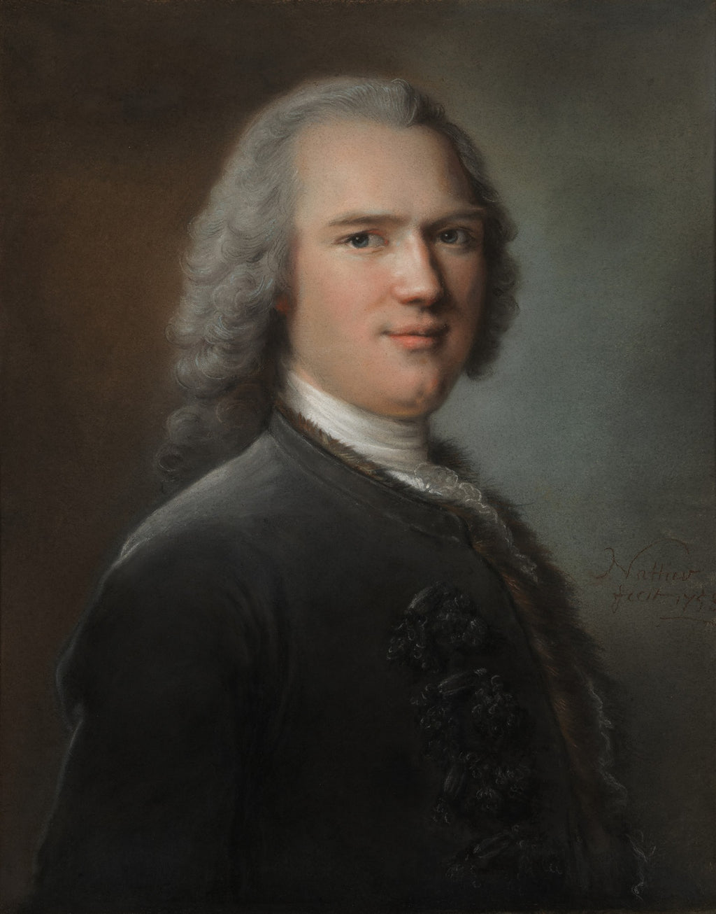 Retrato de um cavalheiro com peruca branca e casaco escuro, assinado por Jean-Marc Nattier, datado de 1753.