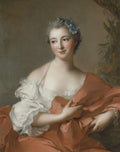 Retrato de uma jovem mulher com coroa de flores azuis nos cabelos, vestindo roupas leves e drapeado coral, em estilo rococó, atribuído a Jean-Marc Nattier.