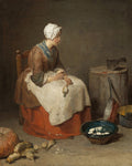 Mulher sentada descascando um nabo, com outros vegetais e utensílios de cozinha ao redor, em uma cena de gênero do século XVIII, pintura de Jean Siméon Chardin.