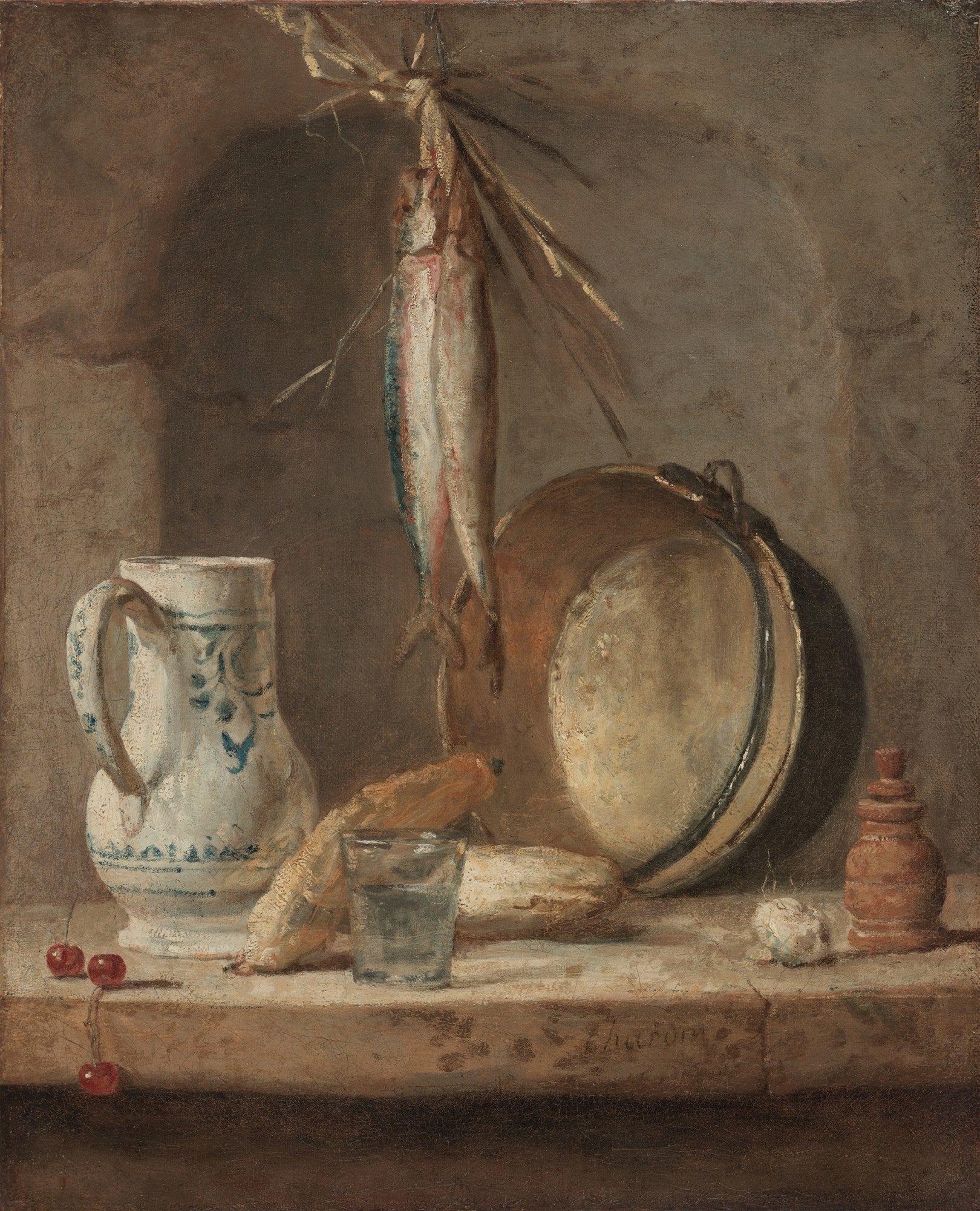 Natureza-morta de Jean Siméon Chardin com peixes pendurados, jarra de cerâmica, pão, cerejas e utensílios de cozinha em uma mesa de madeira escura.
