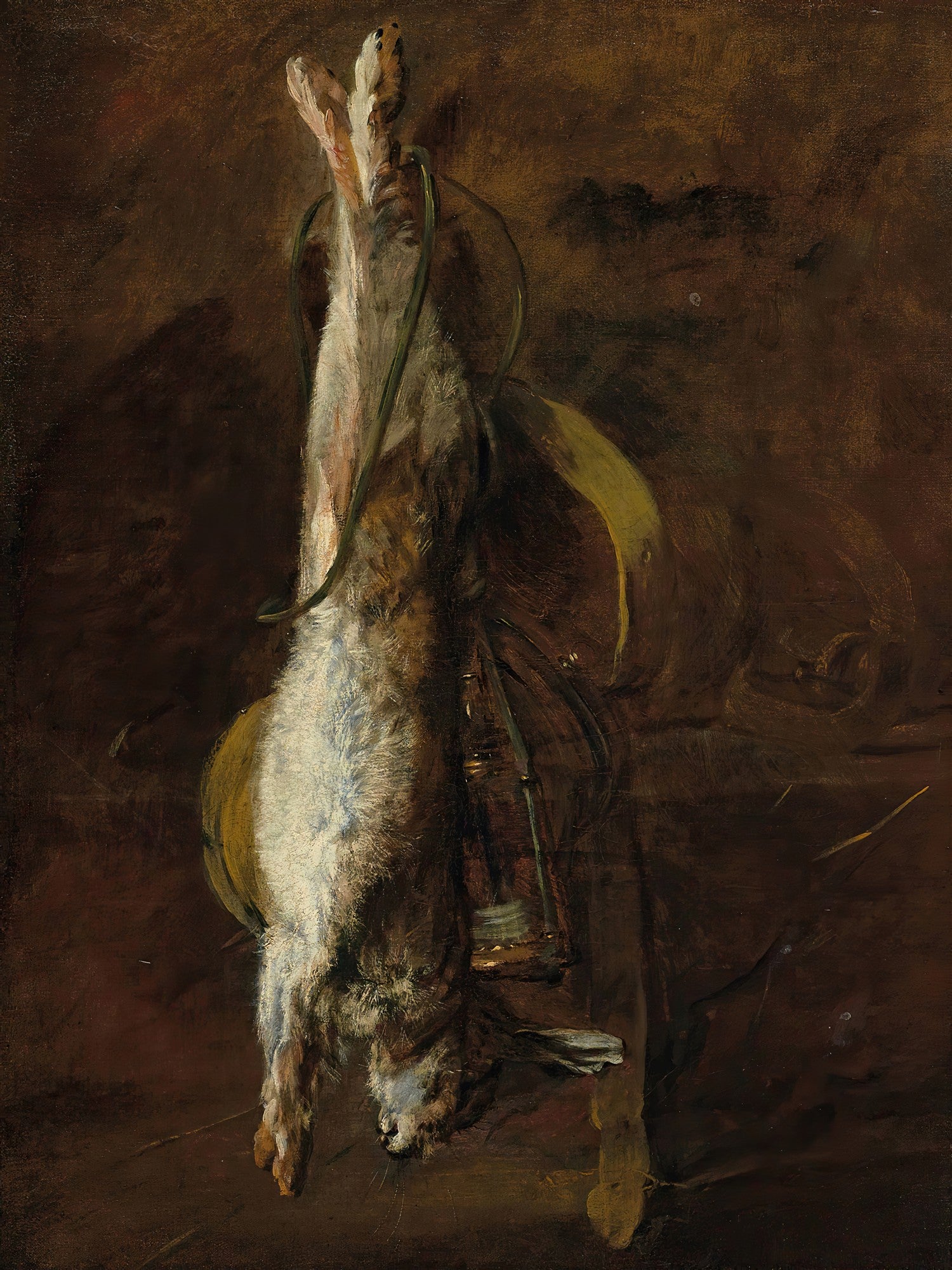Pintura a óleo de Jean Siméon Chardin mostrando uma lebre pendurada, com pelo branco e marrom, contra um fundo escuro e texturizado.
