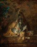 Pintura a óleo de Jean Siméon Chardin, 'A Lebre e o Pato', com animais de caça pendurados e dispostos sobre uma superfície, em tons terrosos e escuros.