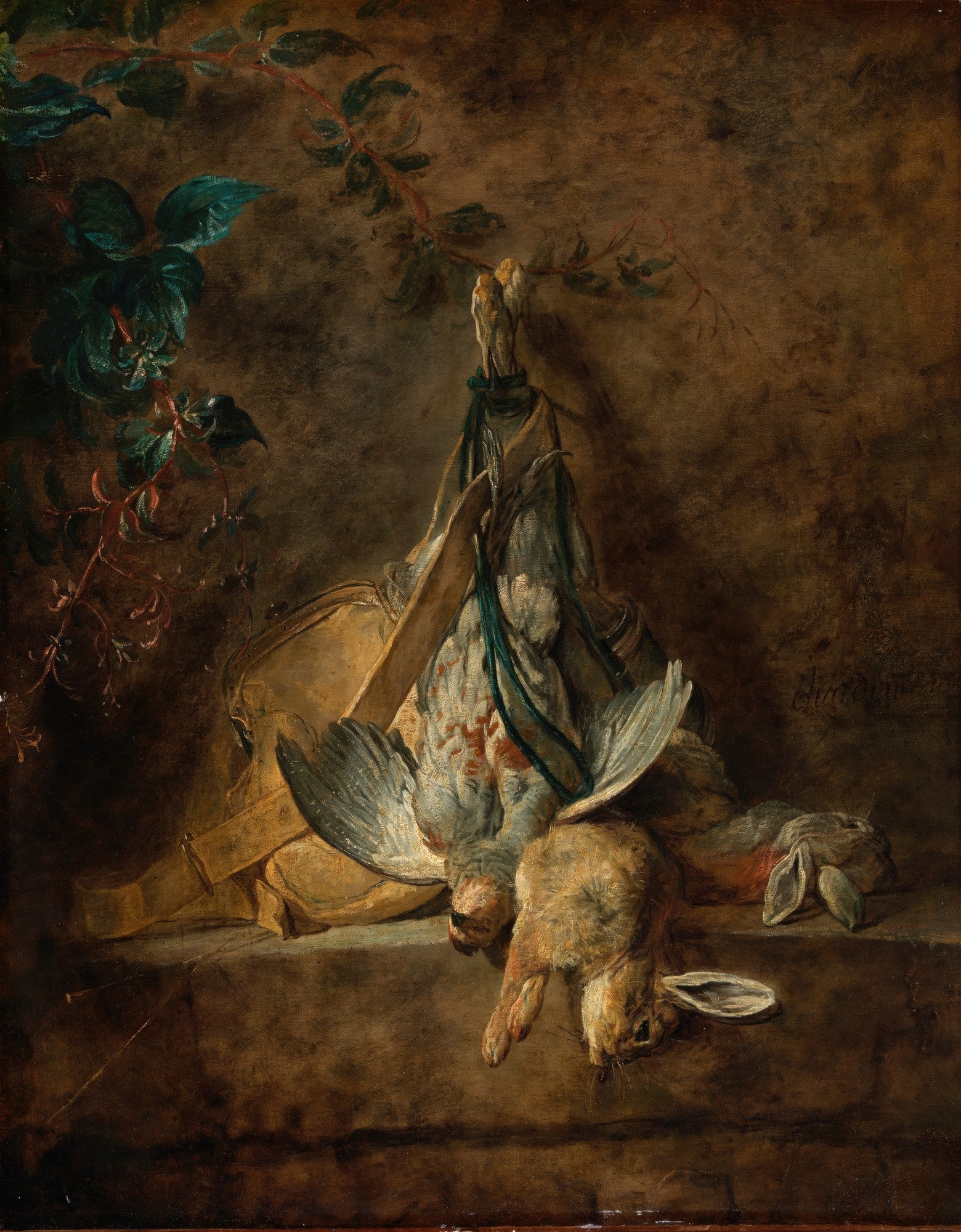 Pintura a óleo de Jean Siméon Chardin, 'A Lebre e o Pato', com animais de caça pendurados e dispostos sobre uma superfície, em tons terrosos e escuros.