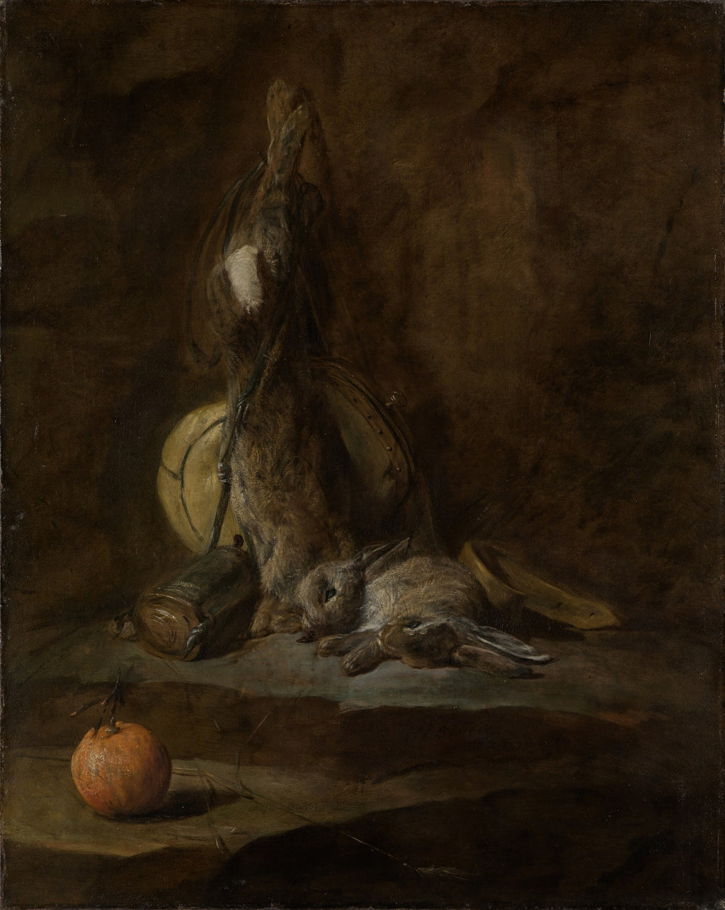 Pintura a óleo de Jean Siméon Chardin, 'A Lebre e o Coelho Mortos', mostrando uma lebre pendurada e um coelho deitado, com uma laranja em primeiro plano, em tons terrosos e escuros.