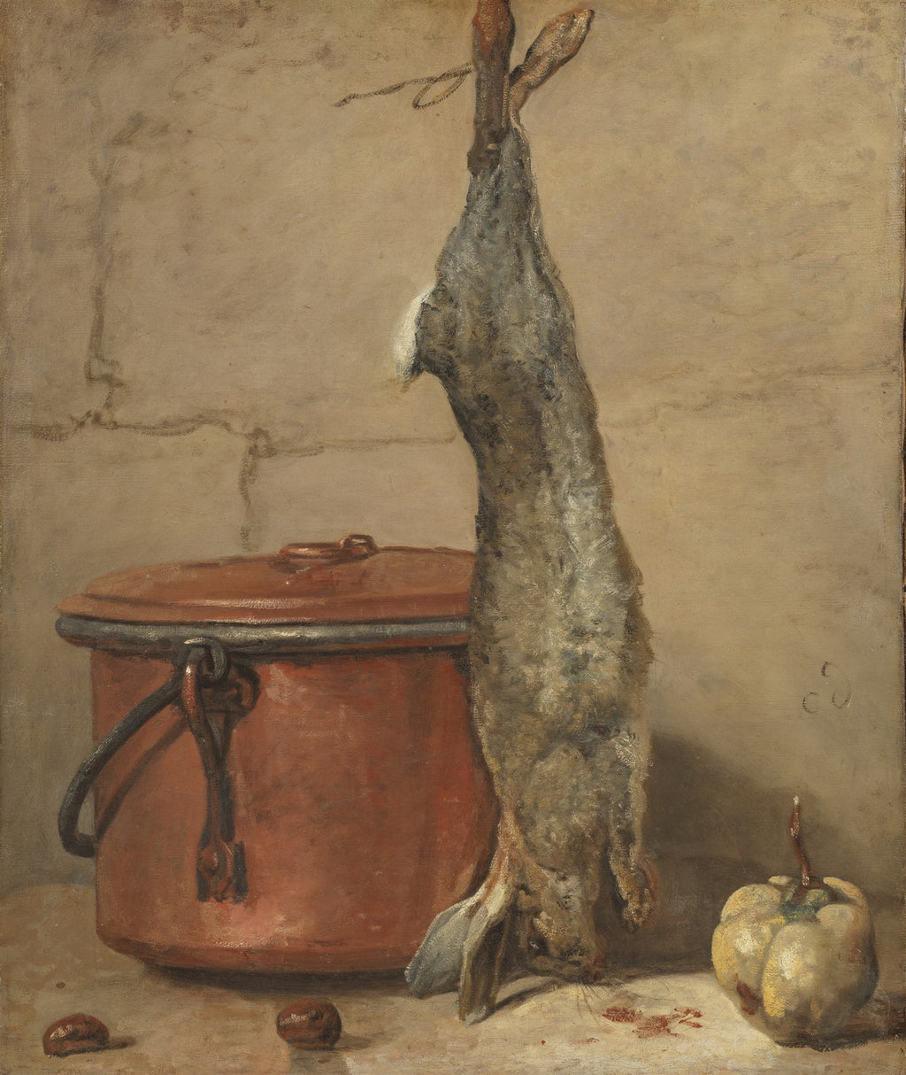 Pintura de natureza-morta de Jean Siméon Chardin, mostrando uma lebre pendurada, um tacho de cobre, uma abóbora e castanhas, sobre uma superfície clara e fundo bege.