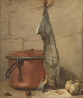 Pintura de natureza-morta de Jean Siméon Chardin, mostrando uma lebre pendurada, um tacho de cobre, uma abóbora e castanhas, sobre uma superfície clara e fundo bege.
