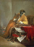 Pintura a óleo de Jean Siméon Chardin, 'O Macaco Antiquário', retratando um macaco sentado elegantemente, examinando um objeto com uma lupa, com livros e moedas ao redor, em cores terrosas.