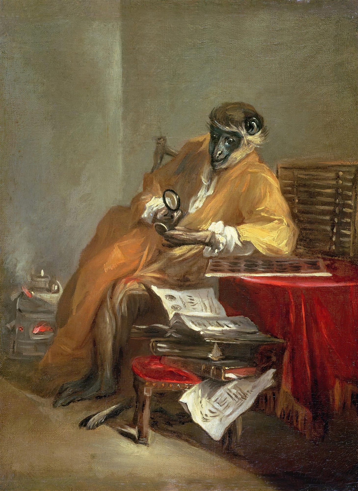 Pintura a óleo de Jean Siméon Chardin, 'O Macaco Antiquário', retratando um macaco sentado elegantemente, examinando um objeto com uma lupa, com livros e moedas ao redor, em cores terrosas.