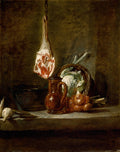 Uma natureza-morta do artista Jean Siméon Chardin, mostrando uma perna de carneiro pendurada, uma jarra de cerâmica, legumes e alho sobre uma prateleira escura.